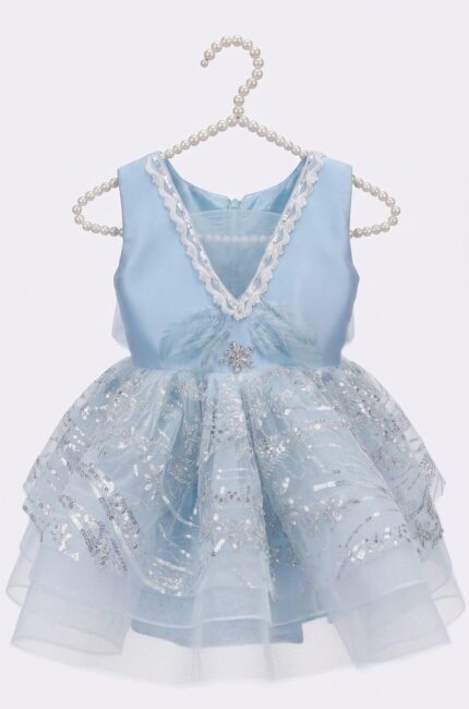 Baby Blue Princess Party Dress for Girls | Satin Bow Back Dress | Glitter Tulle Birthday & Flower Girl Dress