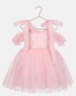 Pink Pearl Princess Dress for Baby Girls | Off-Shoulder Tulle Birthday Dress | Elegant Flower Girl Party Gown with Pearl Embellishments