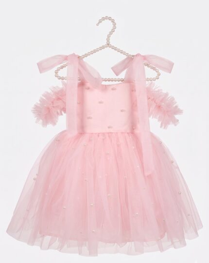 Pink Pearl Princess Dress for Baby Girls | Off-Shoulder Tulle Birthday Dress | Elegant Flower Girl Party Gown with Pearl Embellishments