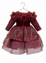 Luxury Burgundy Girls Party Dress | Sequin Tulle Princess Dress | Off-Shoulder Ruffle Birthday & Wedding Dress - Image 3