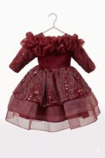 Luxury Burgundy Girls Party Dress | Sequin Tulle Princess Dress | Off-Shoulder Ruffle Birthday & Wedding Dress